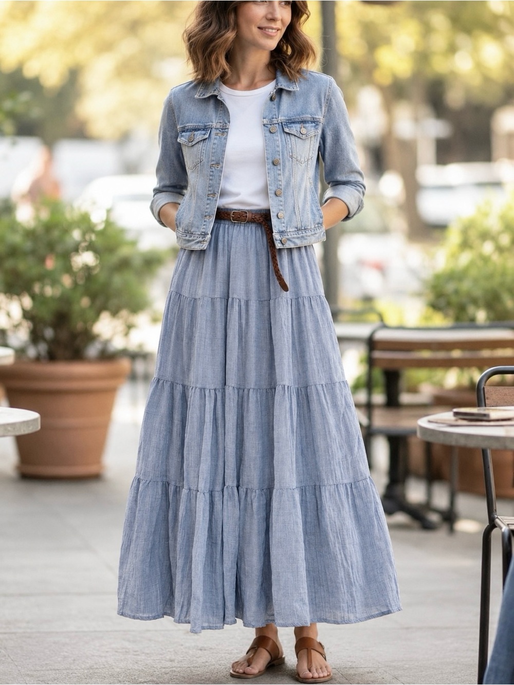 Women’s Blue Tiered Cotton Maxi Skirt Polyester Lining Braided Belt Boho Chic
